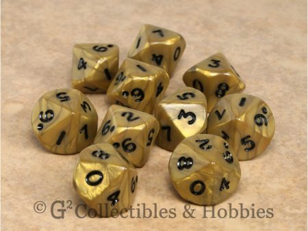 D10 Olympic Pearlized Gold with Black Numbers 10pc Dice Set For Sale