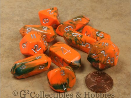 RPG Dice Set Hybrid Toxic Orange Green with Silver Numbers 10pc Hot on Sale