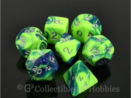 RPG Dice Set Toxic Green Blue with Silver Numbers 7pc Online Hot Sale