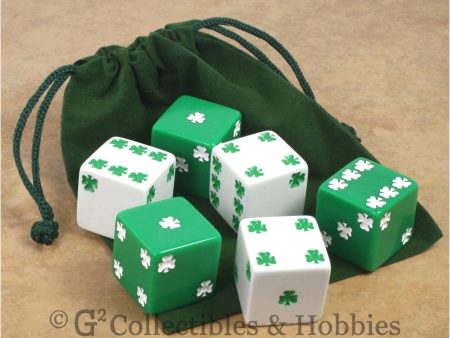 D6 25mm Jumbo Lucky Shamrock Dice 6pc & Bag Set Cheap