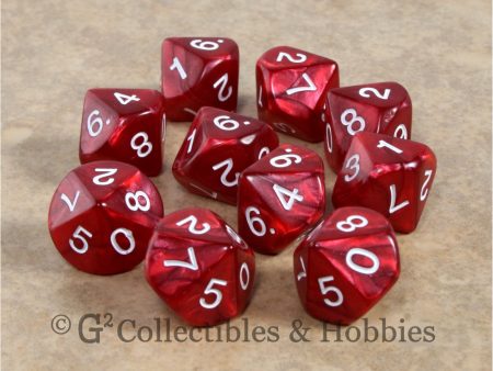 D10 Pearlized Red with White Numbers 10pc Dice Set Fashion