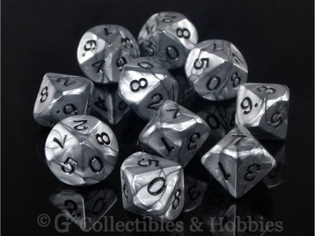 D10 Olympic Pearlized Silver with Black Numbers 10pc Dice Set For Cheap