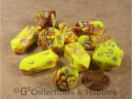 RPG Dice Set Hybrid Toxic Yellow Red with Silver Numbers 10pc Online now