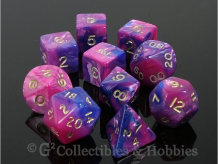 RPG Dice Set Toxic Blue Pink with Gold Numbers 10pc Fashion