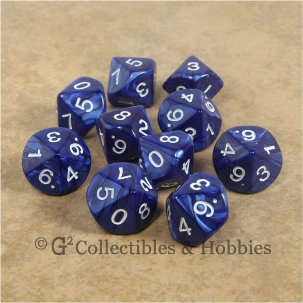 D10 Pearlized Navy Blue with White Numbers 10pc Dice Set Online