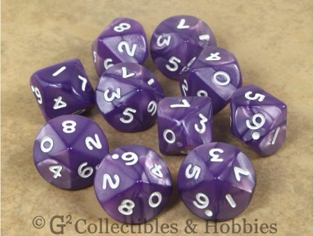 D10 Pearlized Purple with White Numbers 10pc Dice Set Supply