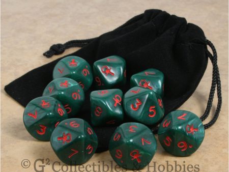 D10 Ankh Pearlized Green with Red Numbers 10pc Dice & Bag Set Cheap