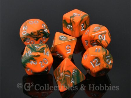 RPG Dice Set Toxic Orange Green with Silver Numbers 7pc Fashion