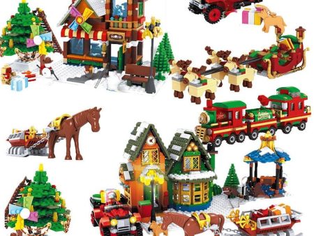 MOC NON  Winter  Village Block Set DIY Mini Train Santa Claus Sled Post Office Toys Store Tree Building Bricks For Kids For Cheap