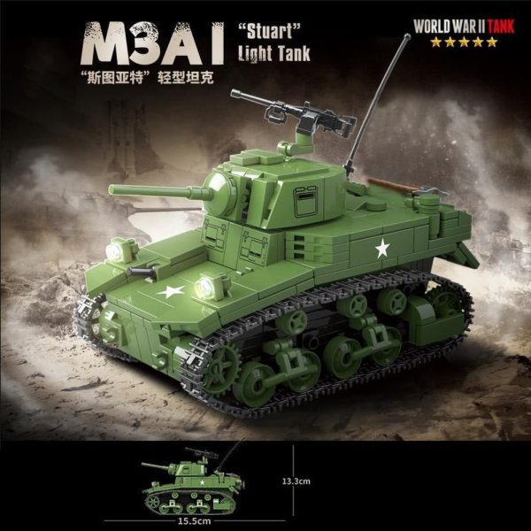 MOC  Compatible  WW2 Soldier Model Series World War II M3A1 Stuart Light Tank Collection Ornament Building Blocks Bricks Toys Sale